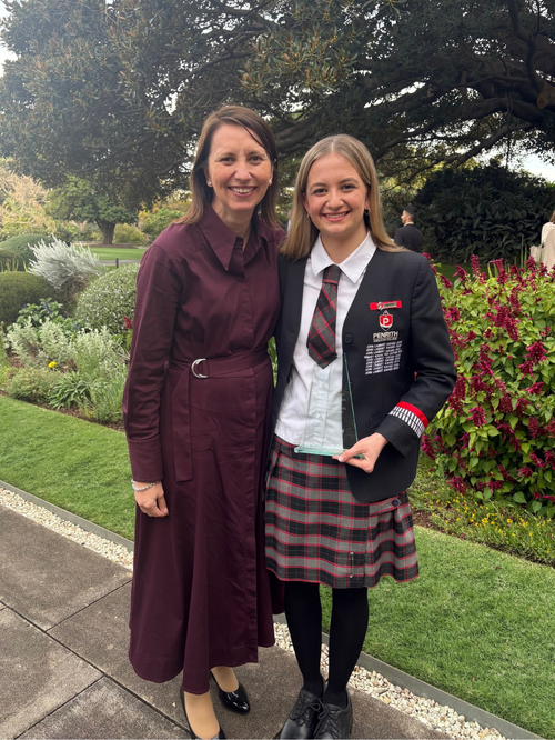Felicity Grima – Government House Penrith Anglican College student Ella Johnson with Principal Mrs Felicity Grima at Government House following the Youth Community Service Awards ceremony.